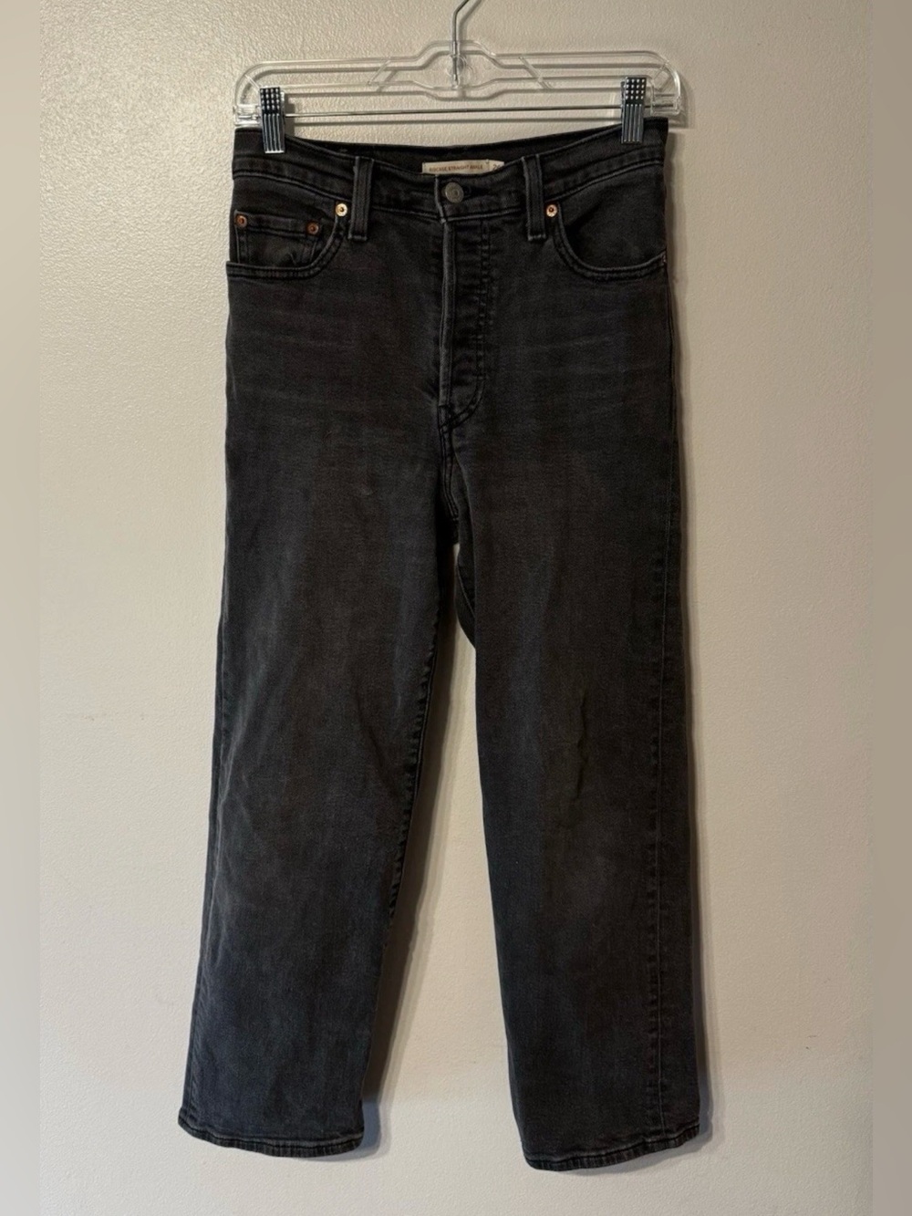 Levi’s Ribcage Straight Ankle Jeans 26 Black Gray Wash Button Fly High Rise